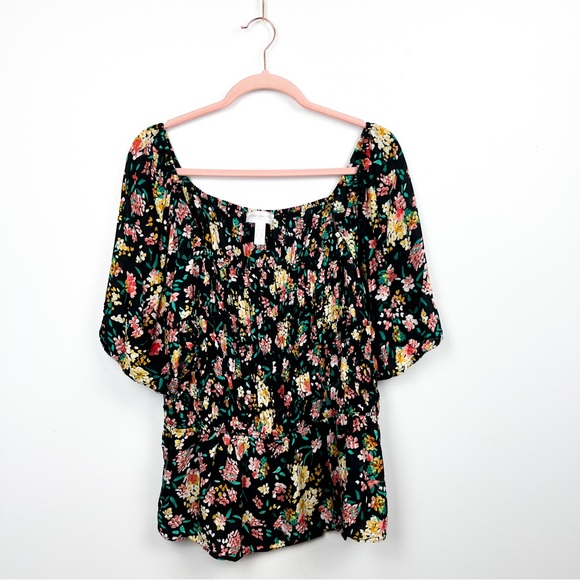 Addition Elle Tops - Addition Elle Short Sleeve Black & Pink Floral Print Off-Shoulder Top